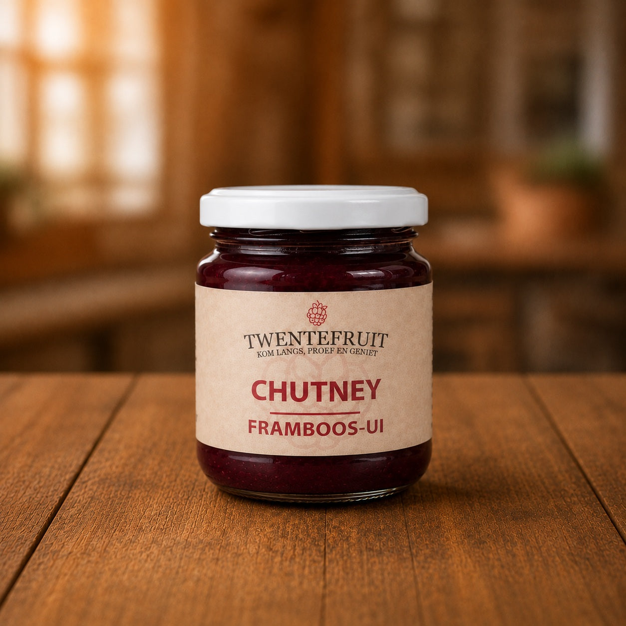 Framboos-ui chutney - 115 gram vers product uit Twente - Van Twentse Bodem